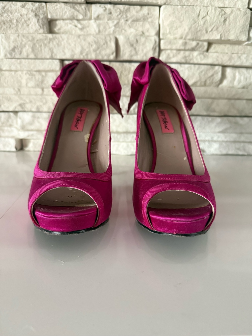 Betsey Johnson Fuchsia Open-Toe Satin Pumps with Heel Bow